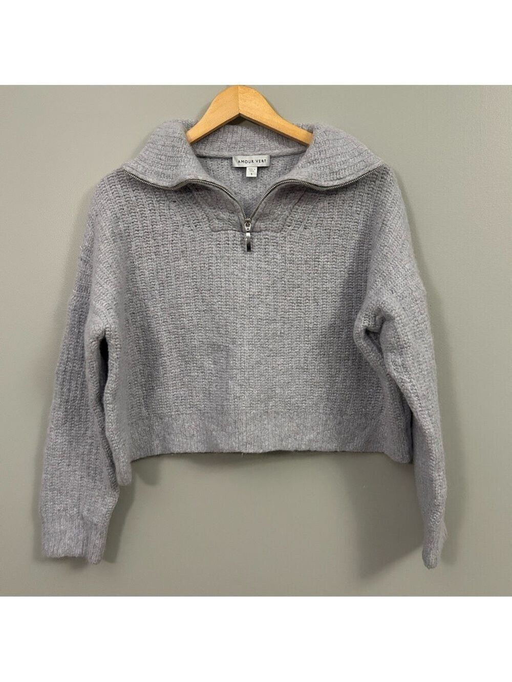 Amour Vert Light Gray Cowl Neck Sweater Wool Alpaca Knit Quarter Zip